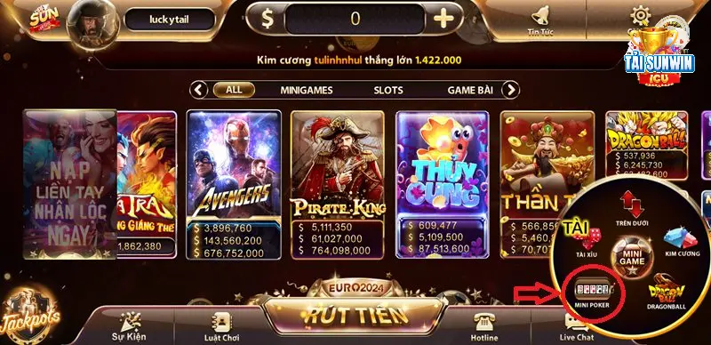 Biểu tượng mini poker được bố trí dễ nhìn ở sảnh sunwin