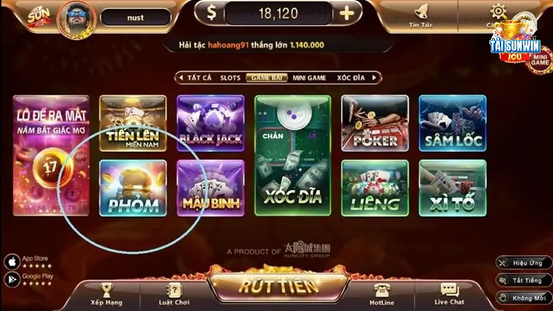 Chọn biểu tượng game phỏm sunwin ở sảnh chính